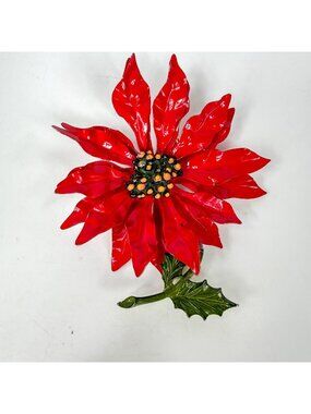 Vintage Enamel Over Metal Red Poinsettia Flower Green Stem Brooch Christmas